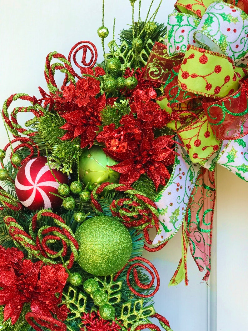 One-of-a-kind Lime Green and Red Hand-made Christmas Wreath