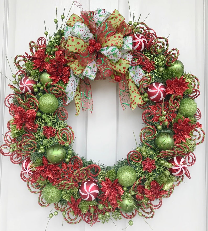 One-of-a-kind Lime Green and Red Hand-made Christmas Wreath