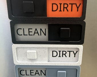 May include: Four rectangular dishwasher magnets stacked vertically. The top magnet is black and orange with the text DIRTY. The second is black and white with the text CLEAN. The third is white and grey with the text DIRTY. The bottom is grey with the text CLEAN.