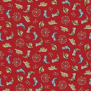Western View - Henry Glass 1597-88 Red Western Motifs. Priced by the half yard.