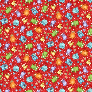 May include: A red fabric with a repeating pattern of colorful cartoon monsters, stars, and small shapes. The monsters are in various colors, including blue, green, orange, and purple. The background is a textured red.