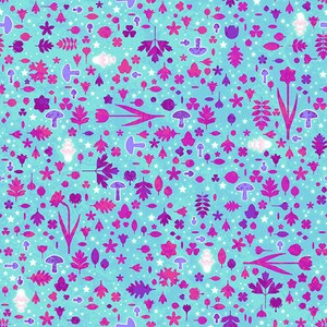 Pode incluir: Padrão repetitivo sobre fundo azul claro, adornado com flores estilizadas, folhas, cogumelos e estrelas rosas, roxas e brancas. O design é distribuído uniformemente sobre a superfície, criando um efeito fantasioso.