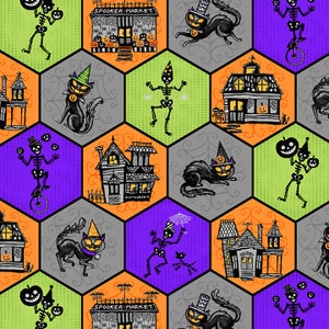 Henry Glass Spooky Town 9108M-58 Halloween Honeycomb. Priced by the half yard.