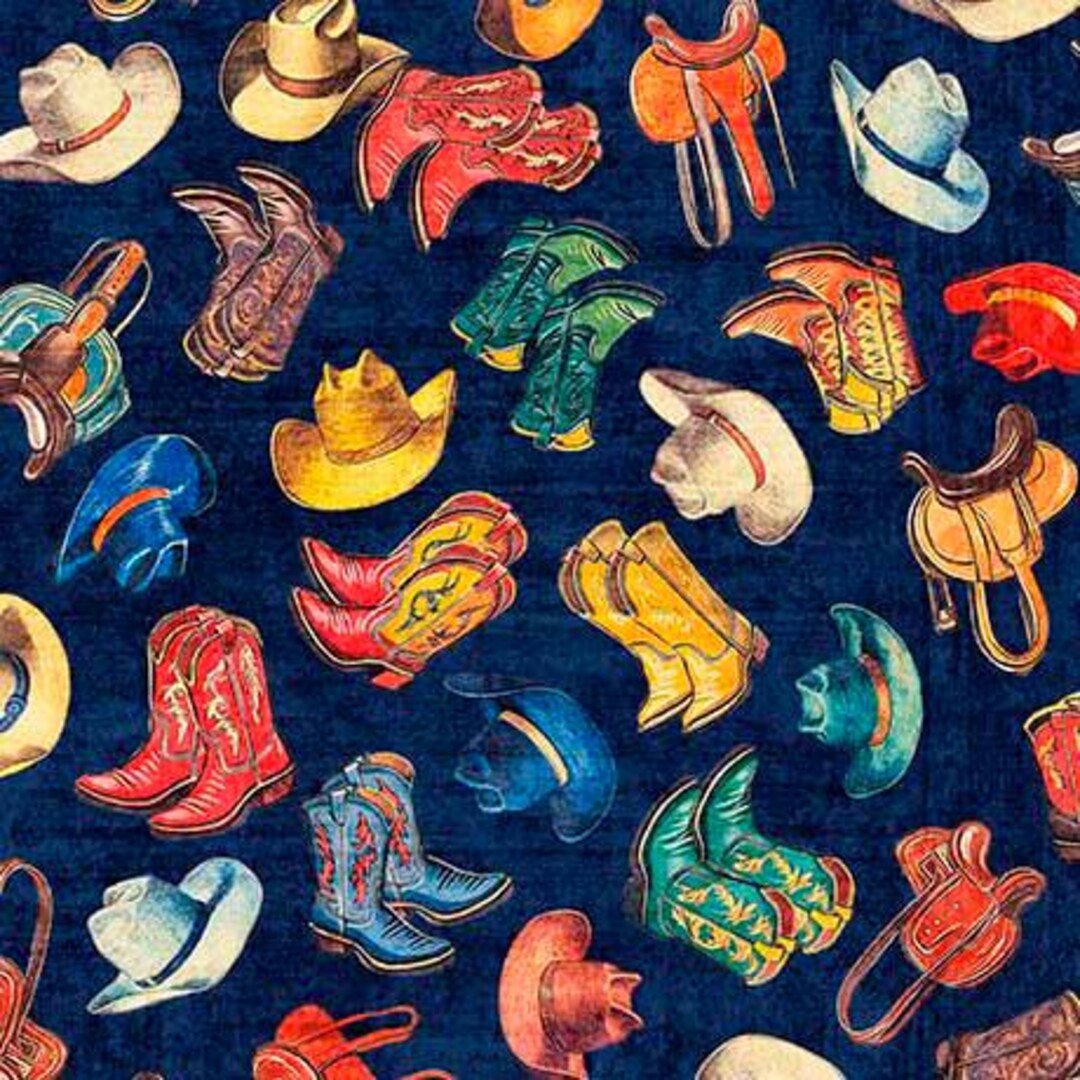 31492N Quilting Treasures Yippie Ki Yay! Cowboy Boots & Hats Navy
