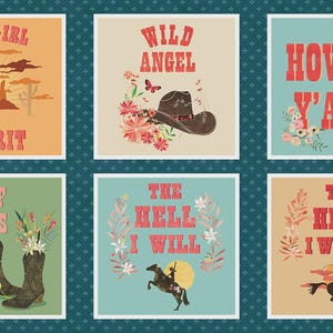 Peut inclure: Une collection de six impressions d'art carrées sur le thème du western. Chaque impression présente du texte tel que "Cowgirl Spirit" et "Howdy Y'all" dans un style vintage, avec des illustrations de bottes de cowboy, de chapeaux et de chevaux.