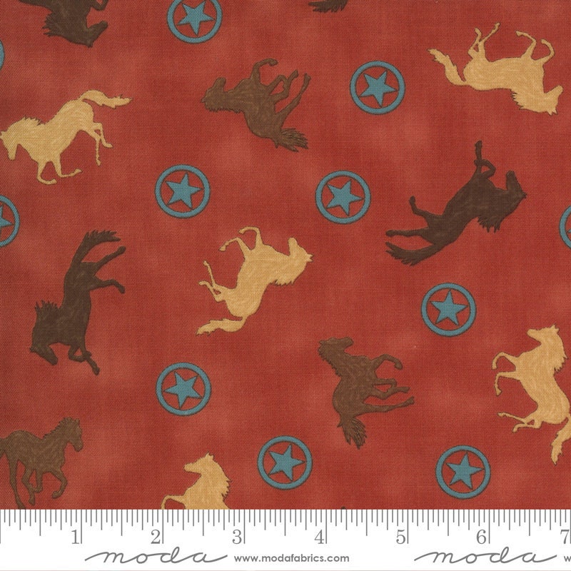 Moda 19994 12  Home on the Range Clay Red Horses.  Priced by the half yard.