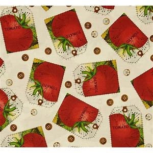 May include: A repeating pattern of red tomato illustrations on a cream-colored background. Each tomato is depicted on a rectangular tag with the word "TOMATO" and green leaves. Small brown and tan buttons are scattered throughout the design.