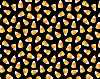 May include: A repeating pattern of candy corn on a black background. The candy corn pieces are in the traditional colors of white, yellow, and orange. This pattern is suitable for Halloween-themed products.
