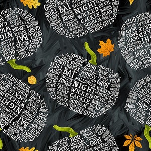 Blank Quilting Halloween Countdown 2261G 99 Black Pumpkins with Halloween Words Priced by the half yard.