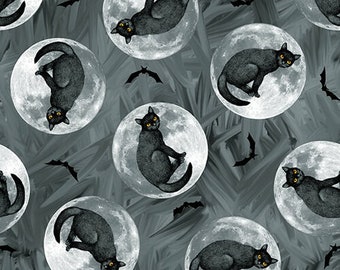 Blank Quilting Halloween Countdown 2252G 95 Dk Grey Cats in Moon
