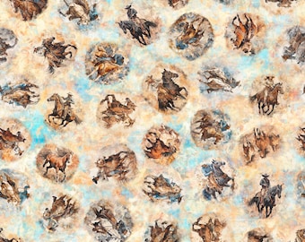 Könnte beinhalten: Ein sich wiederholendes Muster mit Aquarellillustrationen von Cowboys auf Pferden. Die Bilder sind in kreisförmigen Rahmen vor einem marmorierten Hintergrund aus Beige-, Blau- und Brauntönen angeordnet. Das Kunstwerk erinnert an eine Vintage- und rustikale Ästhetik.