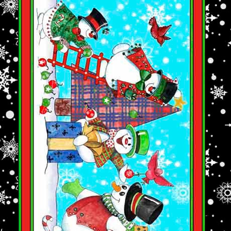 Peut inclure: Une sc&egrave;ne de No&euml;l festive avec trois bonhommes de neige construisant un bonhomme de neige. Les bonhommes de neige portent des chapeaux et des &eacute;charpes et tiennent des outils. L'arri&egrave;re-plan est un ciel bleu avec des flocons de neige.