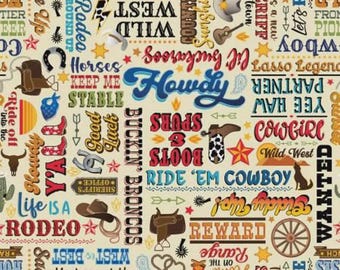 14754-07 Lil Buckaroos Wild West Words Cream.  Priced by the half yard.