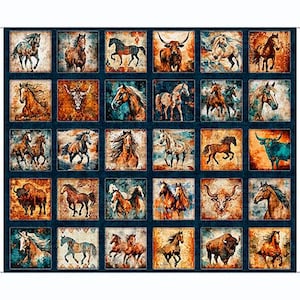 May include: A fabric panel featuring a grid of squares with images of horses, bulls, and bison. The images are in shades of brown, orange, and blue, with a distressed, vintage look. The panel is likely used for quilting or crafting.