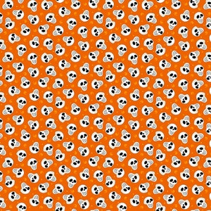 754G-30 Henry Glass Witch&#39;s Night Out Orange Skeleton Heads. Priced by the half yard.
