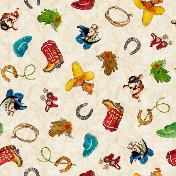 Quilting Treasures 29847E Cowboy up Retro Cowboy Stuff on Cream. Priced by the half yard.