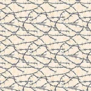 May include: A repeating pattern of dark grey barbed wire against a cream-coloured background. The image shows a close-up view of the wire, with each strand intricately detailed. The design creates a textured, somewhat unsettling aesthetic.