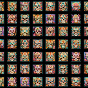 Puede incluir: Un patrón repetido de ilustraciones de calaveras de azúcar coloridas sobre un fondo negro. Cada calavera está decorada con diseños florales y geométricos en colores vibrantes como naranja, azul y rosa. Las calaveras están enmarcadas en un cuadrado.