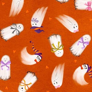 May include: A repeating pattern on an orange background featuring white ghosts with various accessories including colorful bows, striped hats, and glasses. The ghosts are depicted in different orientations and positions across the fabric surface.