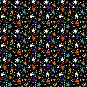 751G-93 Henry Glass Witch&#39;s Night Out Black Multi Stars. Priced by the half yard.