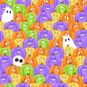 Henry Glass Glow Ghosts 9601G-35 Multi Stacked Pumpkins and Ghosts. Priced by the half yard.