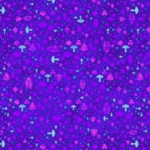 Puede incluir: Un patrón sin costuras con un fondo morado oscuro, adornado con un diseño repetido de hojas estilizadas, setas, flechas y estrellas en tonos de morado, rosa y azul claro. El diseño tiene una apariencia texturizada y ligeramente desgastada.