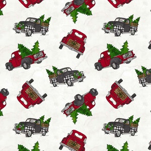 2807-01 My Cowboy Gave to me White Tossed Trucks. Priced by the half yard.