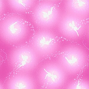 195G-22 Pixies & Petals Pink Tossed Pixie Silhouettes Glow in the dark. Priced by the half yard.