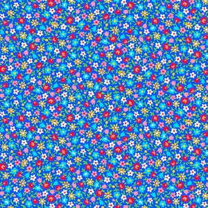 May include: A seamless pattern of small, colorful flowers on a bright blue background. The flowers are in shades of red, pink, yellow, blue, and white.