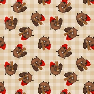 Henry Glass Timber Gnomes Tossed Beavers Cream 9267-33. Priced by the half yard.