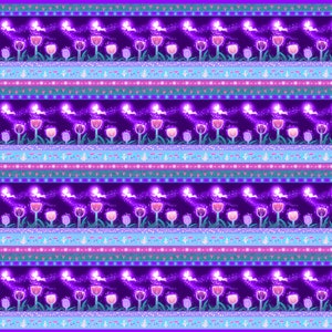 May include: A seamless pattern featuring glowing fairies flying over a field of purple tulips with pink accents. The background is a dark purple with a sparkling effect.