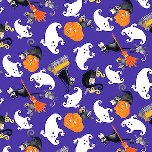 Henry Glass Boo 251G-59 Multi Tossed Cats and Ghosts. Priced by the half yard.