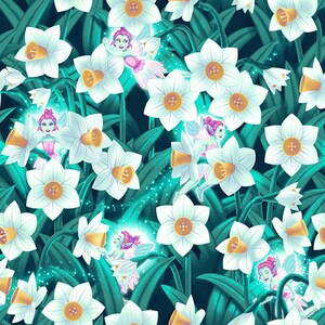 Pode incluir: Um padrão sem costura que apresenta narcisos brancos com centros amarelos e folhas verdes. Pequenas fadas com asas cor-de-rosa e cabelo azul voam entre as flores.