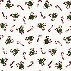 2812-01 My Cowboy Gave to me White Tossed Candy Canes. Priced by the half yard.