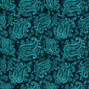 May include: A seamless pattern featuring a teal paisley design on a dark teal background. The paisley elements are detailed with floral accents, creating a textured, ornamental look. The design is repeated across the surface.