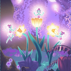 Pode incluir: Ilustração de uma cena de floresta mágica com fadas e flores. A obra apresenta fadas com asas brilhantes e flores em tons de roxo, amarelo e verde. O fundo inclui uma lua cheia e luzes brilhantes.