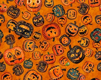 May include: A seamless pattern featuring orange and black jack-o'-lantern faces on an orange background. The jack-o'-lanterns have different facial expressions and are arranged in a random pattern.