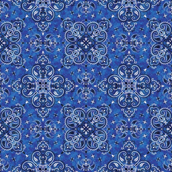 Quilting Treasures 29849B Cowboy up Bandana Blue. Priced by the half yard.