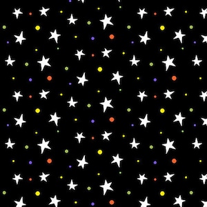 Henry Glass Boo 248G-99 Black Tossed Stars. Priced by the half yard.
