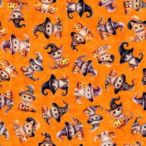 QT Cuties 31178O Halloween Kittens Oranje.  Geprijsd per halve meter.