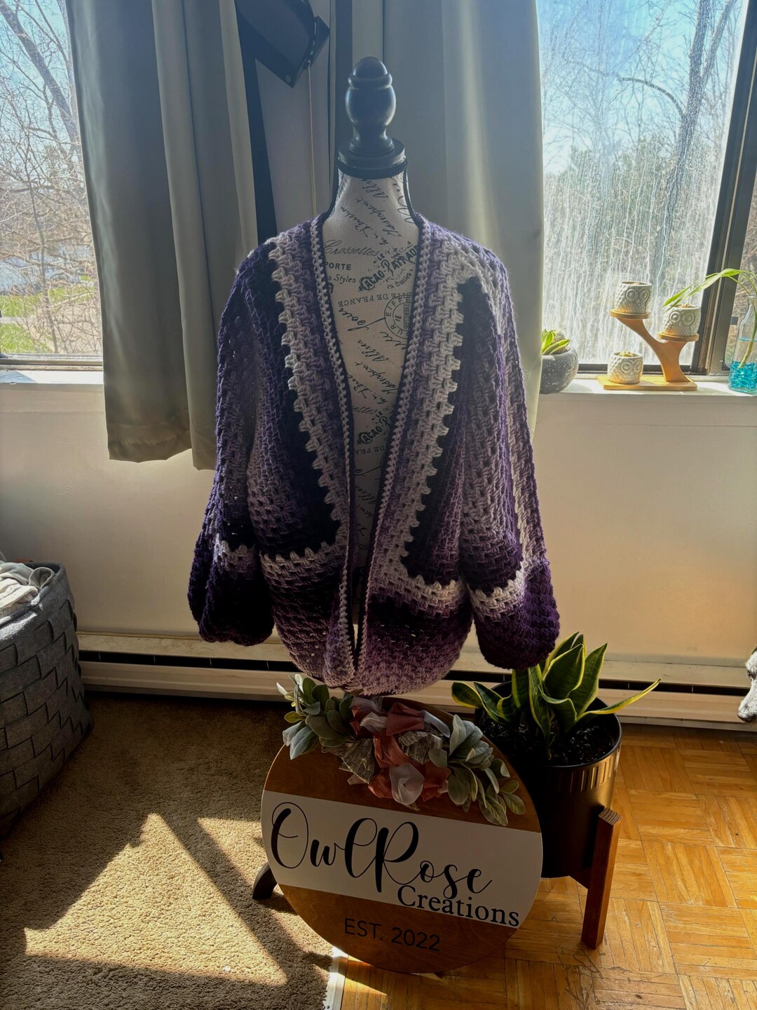 Purple Ombre Granny Hexagon Crochet Cardigan: Handmade Boho