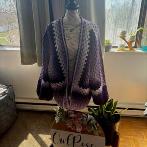 Purple Ombre Granny Hexagon Crochet Cardigan: Handmade Boho Sweater