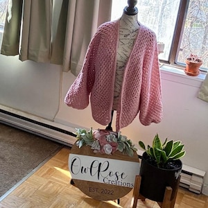 Pink Crochet Cardigan, Granny Hexagon Design, Cozy Layering Top, Women&#39;s Cardigan, Fall Fashion, Gift Idea