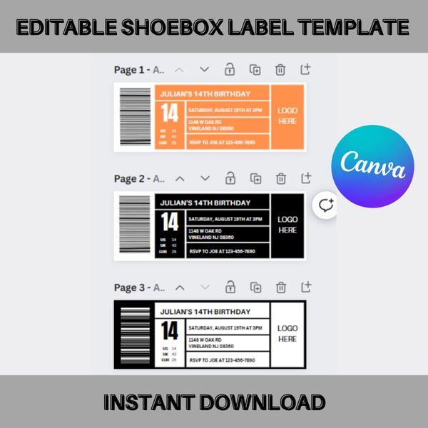 ShoeBox Label Template, Shoe Box Label, Label Template, Label, Favor box label, Printable template (label only)