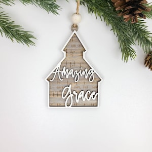 Amazing Grace Hand Painted Gray and White Wood Church Christmas Ornament Christ Centered Christmas Décor Hymn Music Ornament