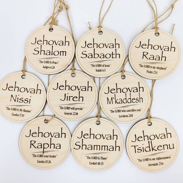 YHWH Names of GOD Ornament Set of 9 or Individual Jehova Names of GOD Engraved Wood