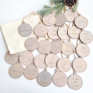 25 Names of Jesus Gray Ornament set Engraved Wood Christ Name Ornaments with convenient Zip Canvas Storage Pouch with Personalizable Ornamen