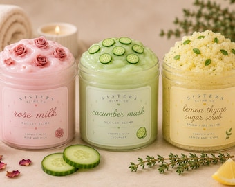 Rose Milk, Cucumber Mask, Lemon Thyme Sugar Scrub Glossy Slime