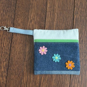 Handmade Upcycled Denim Small Zipper Pouch with Clasp (Blue & White Denims)