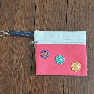 Handmade Upcycled Denim Small Zipper Pouch with Clasp (Pink & White Denims)